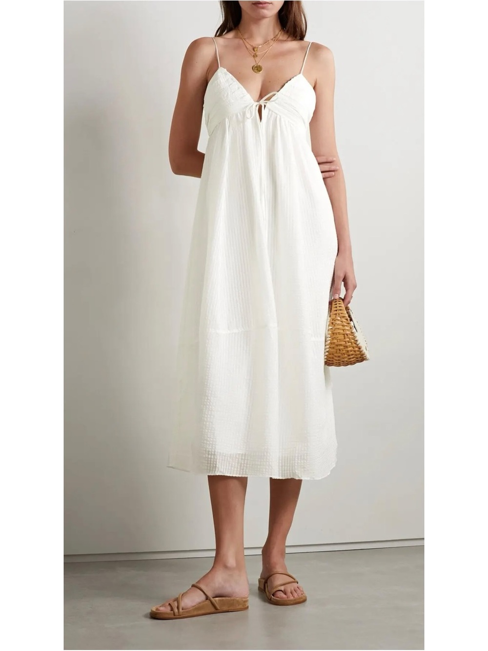 LA LIGNE‎ || Shirred Cotton Silk-Blend Seersucker Midi Dress Keyhole Off White M